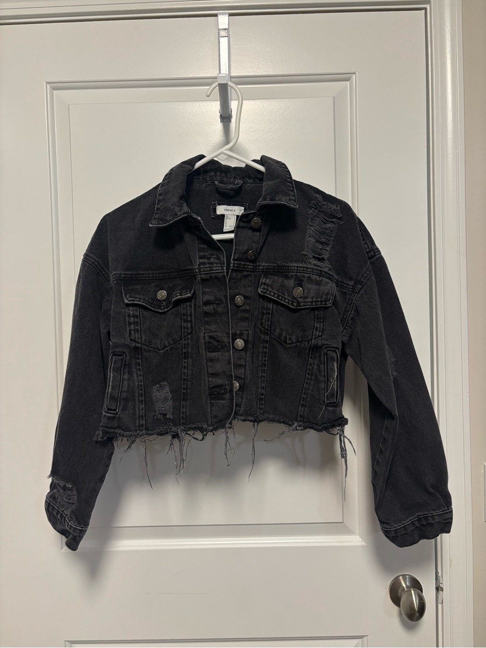 Forever 21 Black Cropped Distressed Denim Jacket